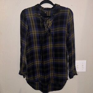 Plaid lace up neckline long sleeve shirt